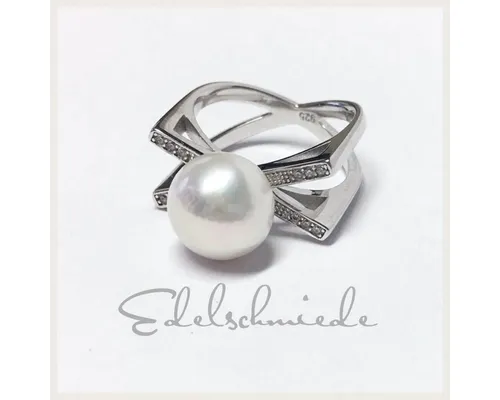 Edelschmiede925 Silberring üppiger Silberring 925/- mit echter Perle 11,5mm + Zirkonia #56