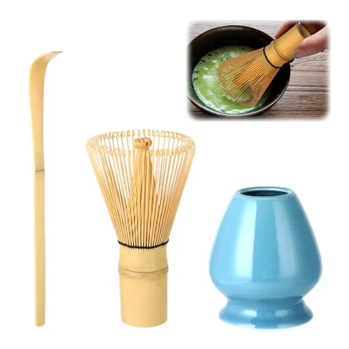 Wenrescry Matcha-Set Mit Bambus Schneebesen, 80 Zinken, Handarbeit, Traditionell Japanische Teezeremonie, Grüner Tee Pulver, 3-teiliges Geschenk-Set, Einfach Zu Reinigen