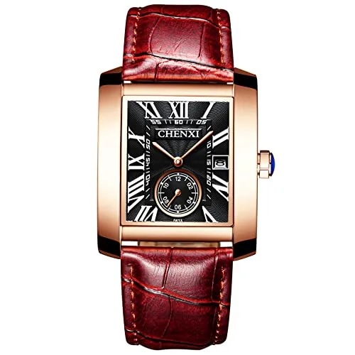 JewelryWe Herren Armbanduhr, Retro Kalender Analog Quarz Uhr mit Rechteckig Römischen Ziffern Zifferblatt und Leder Armband, Farbe: Schwarz, Blau, Braun