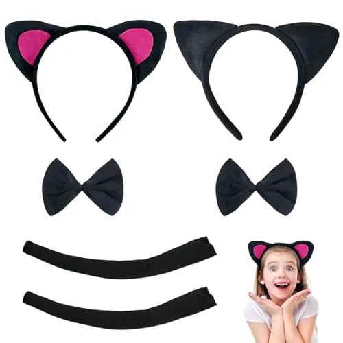 UILYNIU 6 Stück Katze Cosplay Set Katzenkostüm Katzenkostüm Kinder Mädchen Plüsch Klaue Ohren Schwanz für kinder Damen katzenkostüm Erwachsene für Karneval Party Kostüm Zubehör (Schwarz)