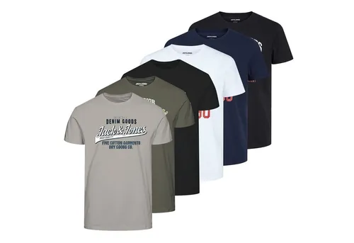 JACK AND JONES Herren T-Shirt 6er Pack - JJETHAN TEE CREW NECK mit Vintage Logo - 6er Pack Rundhals T-Shirts von Jack & Jones mit stylischem Vintage Print. Aus reiner Baumwolle gefertigt, ideal für lässige Looks und den täglichen Gebrauch.
