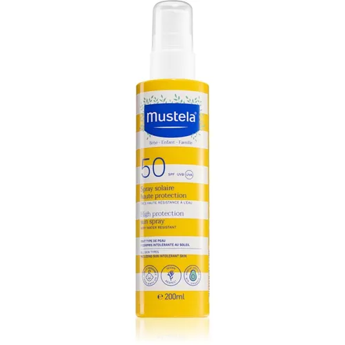 Mustela Spray Sun Milk Spf 50 für die ganze Familie - Sonnenschutzmittel mit sehr hohem UVB- und UVA-Schutz, ideal für Babys, Kinder und Schwangere. Schweiß- und wasserfest, hypoallergen und mit Avocado und Vitamin E für eine geschützte, hydratisierte Haut.