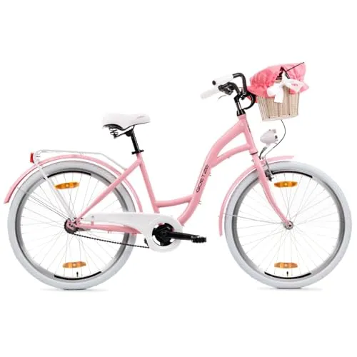 Goetze Style 26 Zoll Damen Citybike, 17 Zoll Tiefeinsteiger Rahmen, 1-Gang Rücktrittbremse, V-Bremse vorne, LED-Beleuchtung, Gepäckträger, Rattankorb, Komfortsattel, mit Ständer & Klingel