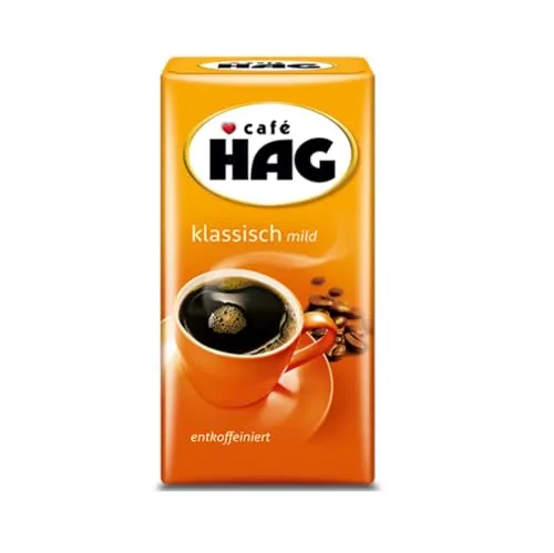 Café HAG Filterkaffee Klassisch Mild - Entkoffeiniert - Gemahlener Kaffee, mild und sanft entkoffeiniert, ideal für Filterkaffeemaschine und French Press. Hergestellt aus erlesenen Bohnen, schonend geröstet in Deutschland.