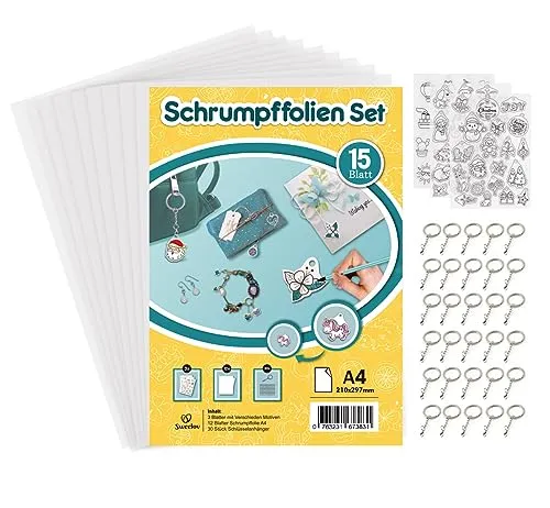 Sweelov 15 Blatt Schrumpffolien Set mit 30 STK Schlüsselanhänger A4 Schrumpfende Plastikfolie mit Motiven transparent Deko Folie für Handwerk