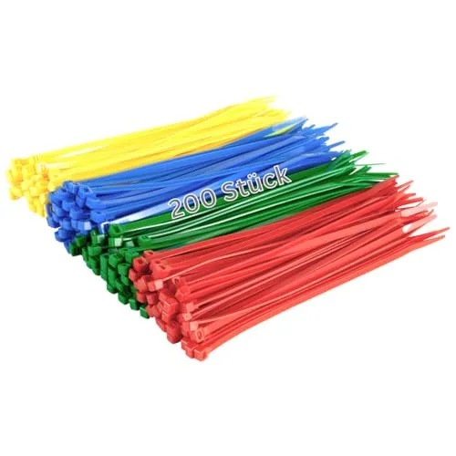 Gocableties Kabelbinder 200 mm x 4.8 mm, hochwertig, stabil, Nylon, Rot, Grün, Blau und Gelb, 200 Stück, mehrfarbig