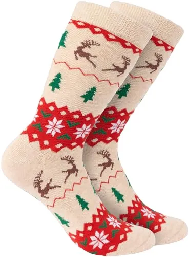 BRUBAKER 3 Paar Weihnachtssocken für Damen und Herren - Weihnachtsmuster Beige - Baumwolle Socken Weihnachten - Größe 41-45