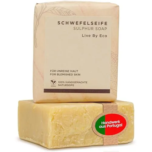 Live By Eco Schwefelseife für unreine Haut Gesicht - Akneseife für klare Haut - Schwefel Seife als Porenreiniger - handgemachte Naturseife - lindert Hautentzündungen - vegane Gesichtsreinigung - 100g