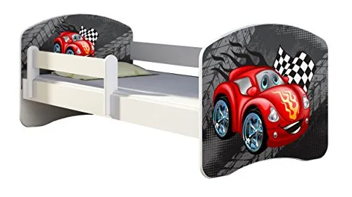 Kinderbett Jugendbett mit einer Schublade und Matratze Weiß ACMA II 140 160 180 40 Design (160x80 cm, 04 Rote Auto)