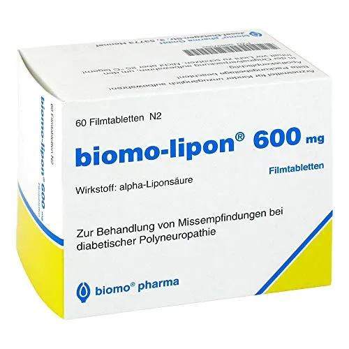 Biomo Lipon 600 - 60 ST - Arzneimittel zur Linderung von Missempfindungen bei diabetischer Nervenschädigung durch alpha-Liponsäure, die antioxidative Eigenschaften besitzt.