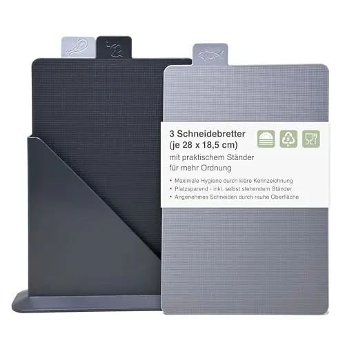 Sanni Shoo Schneidebrett Set (3er Set) – Hygienische Schneidebretter mit Ständer (28x18,5 cm) - Schneidebretter spülmaschinenfest & BPA-frei