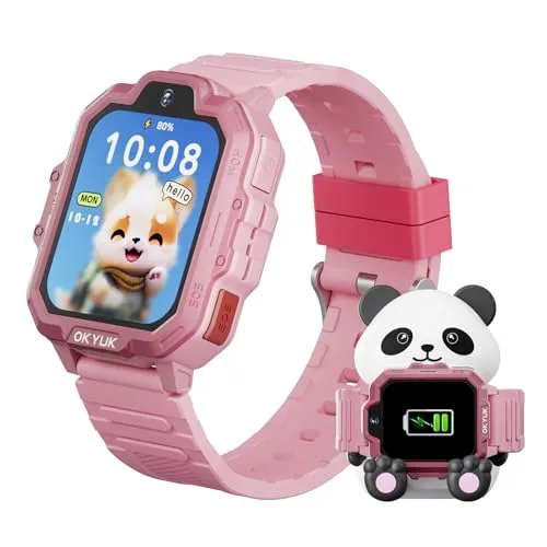 OKYUK T17 Smartwatch Kinder, 4G Kinder Smartwatch mit GPS & Videoanruf, SOS Notruf, Sprachchat, SMS, Schulmodus,Spiele & Panda-Ladestation, Kinderuhr für Mädchen und Junge (Rosa)