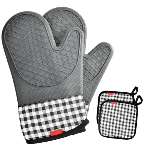 Ankway Ofenhandschuhe Topfhandschuhe 4er Set, Hitzebeständige Backhandschuhe, Topfhandschuhe aus weicher Baumwolle, Lange Flexible Dicke silikon Kochhandschuhe für Kochen Backen Grillen