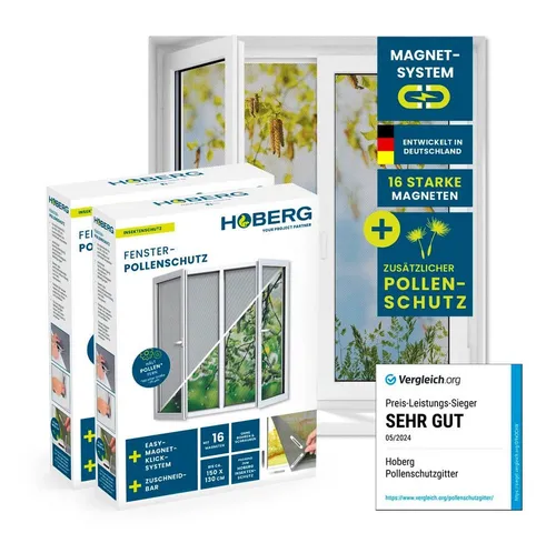 Hoberg Fliegengitter für Fenster mit Pollenschutz | Einfache Montage ohne Bohren - Fliegengitter mit starkem Magnet-Klick-System, zuschneidbar bis 150x130 cm, ideal für Allergiker, schützt vor Insekten und Pollen.