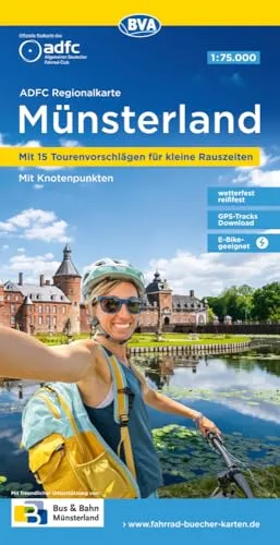 Produktbild ADFC-Regionalkarte Münsterland, 1:75.000, mit Tagestourenvorschlägen, reiß- und wetterfest, E-Bike-geeignet, mit Knotenpunkten, GPS-Tracks-Download: ... 100-Schlösser-Route (BVA ADFC Regionalkarte)