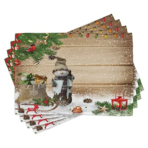 ABAKUHAUS Weihnachten Platzmatten, Schneemann im Garten, Waschbare Stoff Esszimmer Küche Tischdekorations Digitaldruck, Weiß Braun