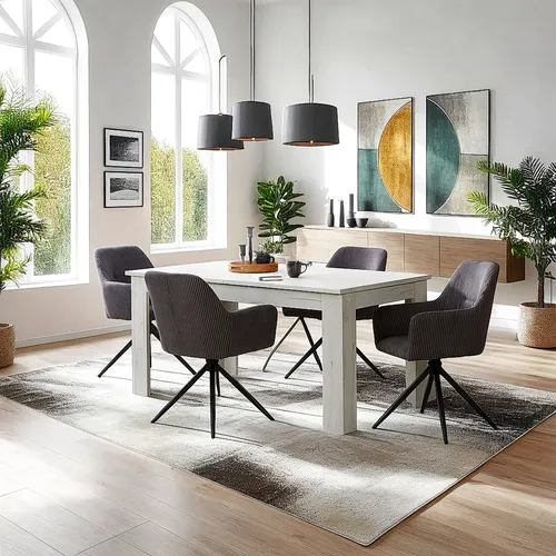 Homestyle4u Essgruppe ausziehbar mit 4 drehbaren Stühlen in Grau - Moderne Esszimmergruppe mit ausziehbarem Tisch (90x160-200 cm) und 4 drehbaren Stühlen. Ideal für gesellige Abende, bietet Platz für bis zu 8 Personen und vereint Stil mit Komfort.