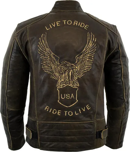 Motorrad Lederjacke im Antik Retro Used Look mit Adler Prägung - Hochwertige Bikerjacke aus echtem Rindsleder im Used Look. Mit 5 Protektoren-Taschen für optimalen Schutz und verstellbaren Ärmeln für perfekten Sitz. Ideal für Motorradfahrer, die Stil und Sicherheit schätzen.