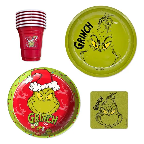 Party Factory Geschirr-Set The Grinch Keksteller Grün Rot mit Untersetzer & Shots – 4-tlg Set Kit