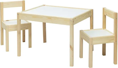 BabyGo Kindersitzgruppe natur - Made in Europe - Sitzgarnituren für Kinder, inklusive 1 Tisch und 2 Stühlen aus robustem MDF und Massivholz, ideal für kreative Spielstunden und gemütliche Mahlzeiten.