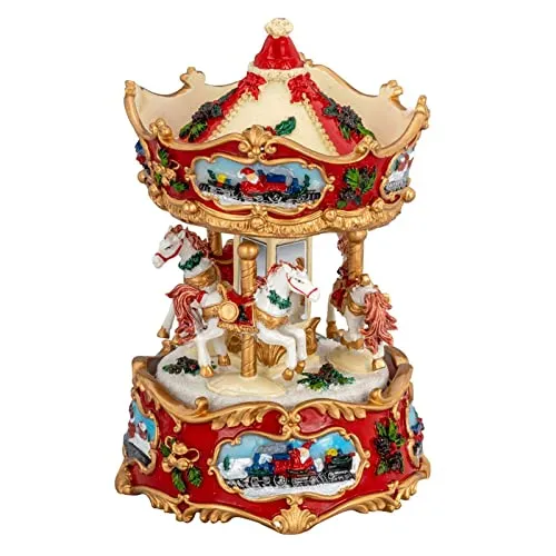Spieluhr Karussell Polyresin - 16,5 cm nostalgische Musikdose mit Pferdekarussell, verziert & bunt, spielt „Jingle Bells“ - dekorative Weihnachts-Spieluhr & Geschenkidee