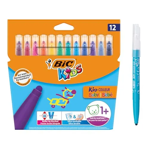 BIC Kids Filzstifte Kid Couleur, 24 auswaschbare Farben - Filzstifte für Kinder ab 5 Jahren, wasserlöslich und leicht abwaschbar - ideal für kreative Malstunden ohne Flecken auf Haut oder Kleidung.