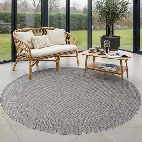 Carpettex Outdoor Teppich Rund 80 cm Grau, Wetterfest UV beständig, Balkon Teppich für Küche Flur Indoor Outdoor, Einfarbiges Design mit Bordüre Pflegeleicht robust drinnen