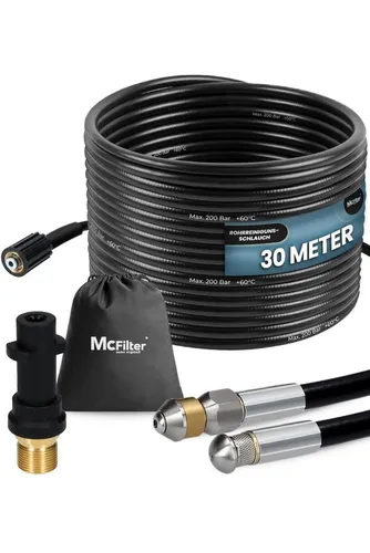 McFilter Rohrreinigungsschlauch Set 30m, 200 bar - Schläuche für Hochdruckreiniger, hochwertiger Schlauch mit 200 bar Druck, inklusive Adapter und Düsen für effiziente Rohrreinigung.