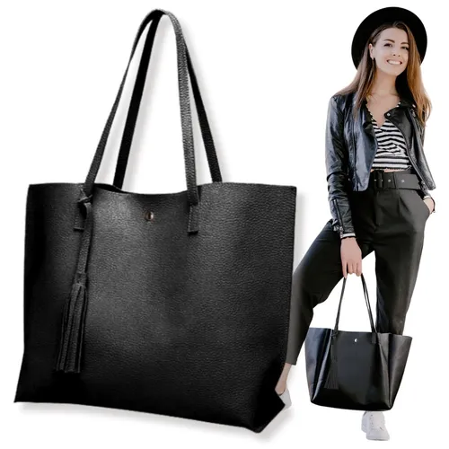 Damen Shopper Tasche, schwarz, groß, geräumig, Leder, Schule, Arbeit, universell