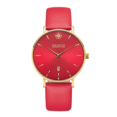 Moyen Damenuhr Gold Perlmutt Lederarmband Rot Saphirglas 5 ATM