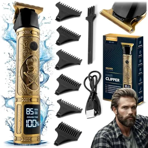 Berdsen Haarschneidemaschine Profi Rasierer Herren Elektrisch Barttrimmer Bartschneider 6 Aufsätzen 1 bis 9 mm Goldener Barber