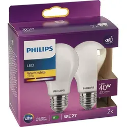 Philips LED Lampe E27 2er Set 4,5W (40W) 2700K - Energiesparlampe, 2er Set mit warmweißem Licht (2700K) für eine einladende Atmosphäre. 85% weniger Energieverbrauch und 15.000 Stunden Lebensdauer - die nachhaltige Wahl für Ihr Zuhause.