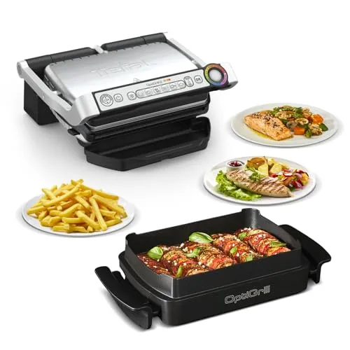 Tefal OptiGrill Bake GC714D10 - Kontaktgrill mit 6 Programmen, Garstufenanzeige und abnehmbaren Platten, inklusive Backschale für vielseitige Grill- und Backergebnisse