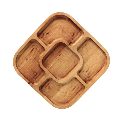 4BIG.fun Servierplatte aus Buchenholz 28x28cm - Elegante Servierplatte aus robustem Buchenholz mit 5 Fächern, ideal für eine stilvolle Präsentation von Snacks und Käse bei Feiern oder im Alltag.