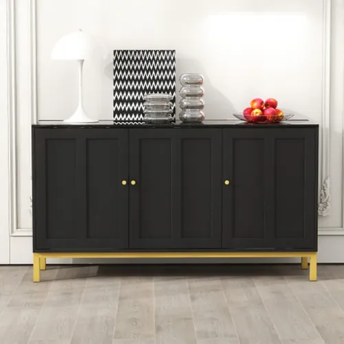 Elegante Kommode mit Marmor-Tischplatte – 3-türiges Sideboard (Schwarz)