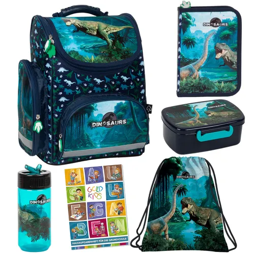 Schulranzen 6er-Set - Dinosaurier Motiv für Jungen - Ranzen, Taschen & Rucksäcke, ideal für die 1-3 Klasse mit coolen Dinosaurier Motiven, perfekt für kleine Abenteurer!
