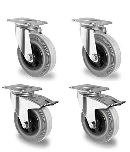 Rollensatz 2 Lenkrollen mit Feststeller + 2 Lenkrollen 125 mm Vollgummi grau