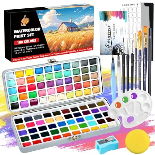 UCAMP Aquarellfarben Set 100 Farben in Tragbarer Box, Malkasten Mit Pinsel und Papier, Wasserfarben für Künstler und Hobbymaler, Reisen