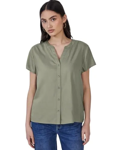 Street One Studio Damen F345668 Kurzarmbluse - Pale Mud Green, Größe 34 - Damenbluse in Unifarbe mit geschlitztem Ausschnitt, aus weicher Viskose für ultimativen Tragekomfort und lässigen Stil.