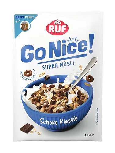 RUF GoNice! Super Müsli Schoko Klassik aus Vollkorn-Haferflocken mit Chcocolate Chunks und Schoko Loops, 50 g Portionsbeutel