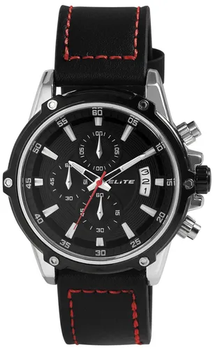ELITE Herren Chronograph Armbanduhr Ø45 schwarz silber Echtes Leder Datum Watch