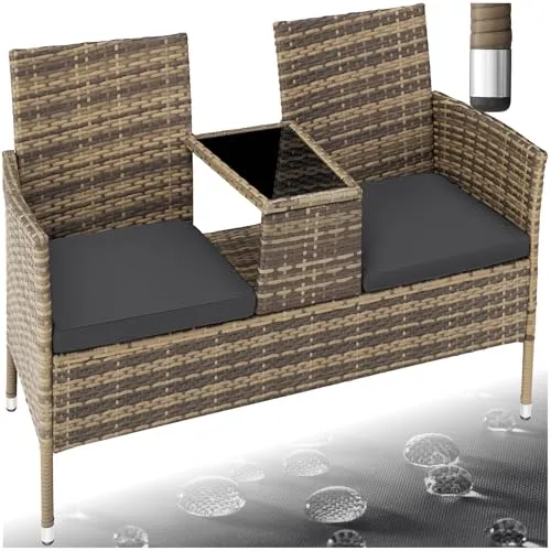 tectake® Outdoor Sitzbank mit Tisch - Rattan Gartenmöbel für 2 - Hochwertige Polyrattan Bank für Terrasse und Balkon, ideal zum Entspannen mit integriertem Tisch für Getränke und Snacks. Pflegeleicht und wetterfest für ganzjährigen Einsatz.