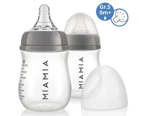 MiaMia Babyflasche PP-Flasche - Grau, 2er Pack Babyflasche 140 ml + Silikon-Trinksauger Größe S