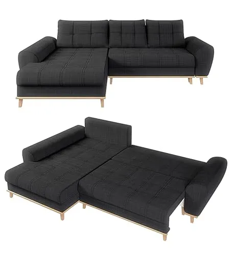 Modernes Ecksofa im Scandi-Stil mit Schlaffunktion - Sofas & Couches - Platzsparendes Ecksofa mit weichem Bouclé Chenille Stoff in Anthrazit, inklusive Bettkasten und Ottomane links, ideal für kleine Räume und als Schlafcouch.