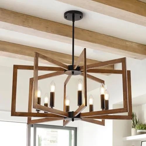 HvKvHvY Vintage Deckenleuchte Schlafzimmer,E14 Geometrische Bauernhaus Pendelleuchte 8 Licht Industrielle Metall Deckenleuchten Wohnzimmer FüR KüCheninsel Flur Esszimmer Eingang (Schwarz, Holz)