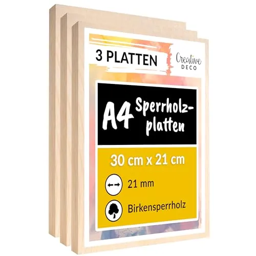 Creative Deco 3 x A4 Sperrholzplatte 21mm – Hochwertige Birkensperrholz Zuschnitte - Ideal für kreative Projekte – Jede Platte hat die Größe 300 x 210 mm und eignet sich perfekt für Laubsägen, Brandmalerei und CNC Router. Hergestellt in der EU aus natürlichen Materialien, garantiert höchste Qualität.