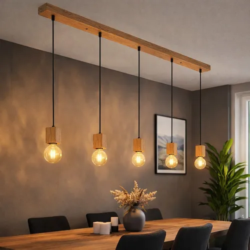 Pendelleuchte Esszimmerlampe 5-flammig in Holzoptik - Höhenverstellbare Hängeleuchte mit 5 Flammen, ideal für stimmungsvolle Beleuchtung im Esszimmer. Stilvolles Design in Holzoptik, passend für jeden Raum.