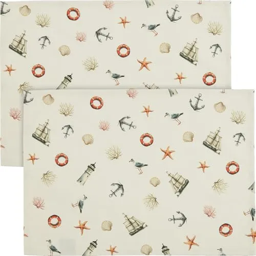 Erwin Müller Tischset 2er-Pack, Tischwäsche maritim, Leuchtturm, Segelboot und Muscheln bunt Größe 35x50 cm - Robustes Canvas-Gewebe, pflegeleicht und strapazierfähig
