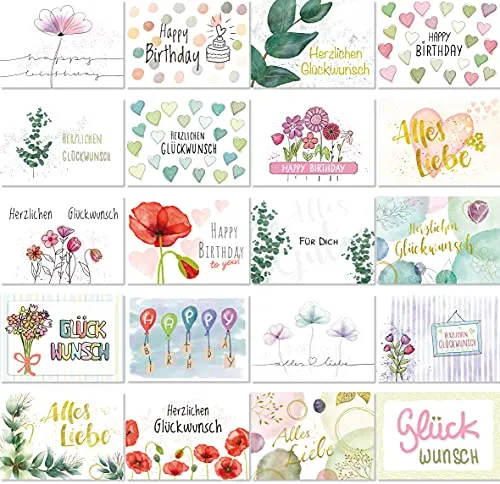 LifeDesign 20x Geburtstagskarten Postkarten Set Glückwunschkarten DIN A6 Grußkarten Set, Happy Birthday Karten, Geburtstagskarte Frau Mann, Kartenset Danke Karte Geburt, Jubiläum, Hochzeit, Taufe