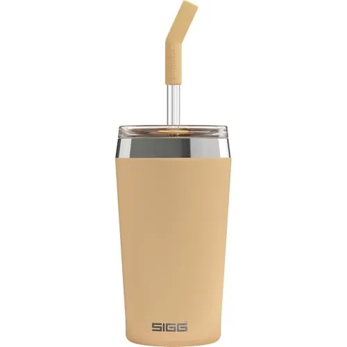 SIGG Helia Muted Peach Kaffeebecher to go (0.45 L), doppelwandig isolierter Thermobecher mit Glas-Strohhalm, auslaufsicherer Tumbler aus Edelstahl für heiße & kalte Getränke